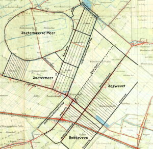 De ontginningen weergegeven op een topografische kaart uit 1950 (Collectie Kadaster, bewerking Bouke Tuinstra van het Historisch Genootschap Oud Soetermeer)