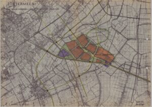 Kaart waarop de mogelijke ontwikkeling van Zoetermeer tot een stad van 40.000 inwoners naast het plan Wilsveen wordt weergegeven.